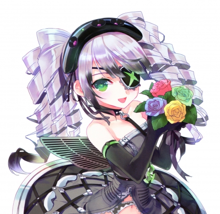 Flower Bouquet - nice, beauty, female, twintail, simple, anime girl, bouquet, pretty, anime, eyepatch, twin tail, girl, twintails, purple hair, gown, lovely, floral, beautiful, plain, sweet, dress, lolita, flower