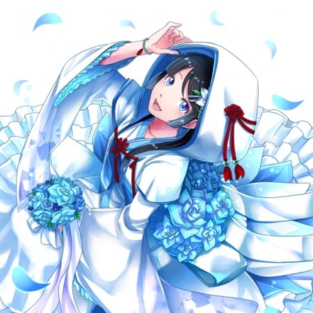 Blue Bouquet - nice, beauty, bride, anime girl, bouquet, white, pretty, petals, anime, maidne, lady, girl, lovely, e flower, hd, floral, femal, blue, beautiful, blossom, sweet, flower