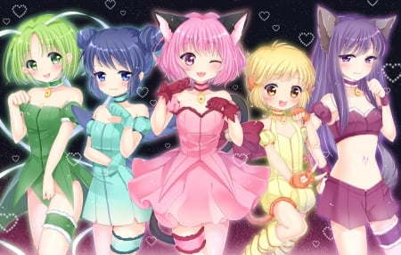 Tokyo Mew Mew - pretty, anime, yellow, kawaii, female, team, nekomimi, pink, long hair, short hair, group, purple, nice, neko, anime girl, girl, lovely, sweet, tokyo mew mew, green, magical girl, adorable