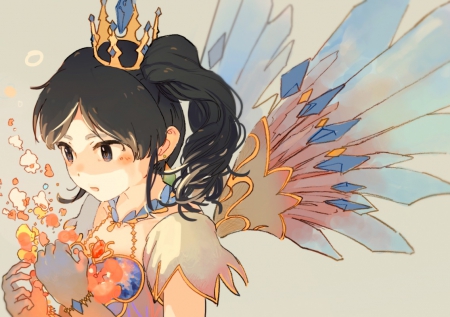 ~Inner Brightness~ - colorful, anime, beautiful, wings, black hair, crown, fairy, light