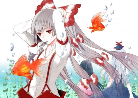 Touhou - anime, houraisan kaguya, bows, long hair, fujiwara no mokou, kamishirasawa keine, touhou, bubbles, fish