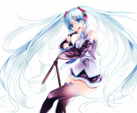 Hatsune Miku - hatsune miku, skirt, blue eyes, long hair, ponytails, blue hair, microphone, vocaloid, anime