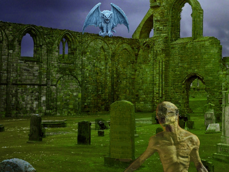 Gothic Graveyard - zombie, graveyard, gargoyle, arch, tombstones, graves, wall