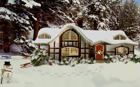 Snowy Woodland Cottage - snowy landscape, cottage, snowman, footprints, sleds