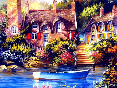 Cottage Charm - trees, water, gardens, windows, boat, rowboat, stone wall, steps, flowers, chimneys, door, painting, cottages, lake, art, rocks