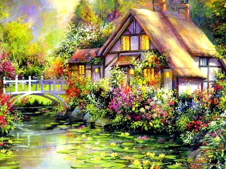 Beautiful Dreams - cottage, art, trees, stream, gardens, bridge