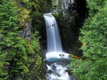 Green Mountain Waterfall - added pictures, trees, waterfall, stream, rockwalls