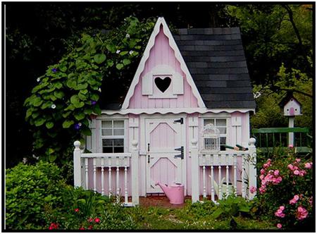 Little Pink Cottage - garden, mailbox, trees, pink cottage