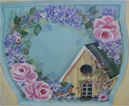 Floral Cottage - little cottage, bird nest, mauve flowers, pink roses, blue bird, art