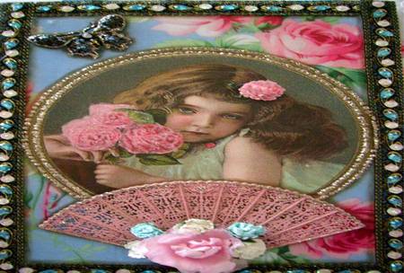 Old World Charm - fan, art, butterfly, roses, jewel frame, child