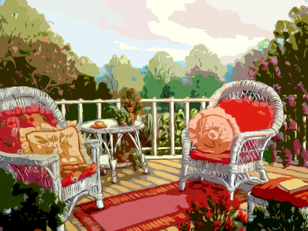 Summer Cottage Landscape - can chairs, cane table, veranda, art, book trees, footstool, flowers, mat