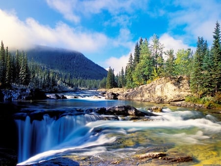 Elbow River and Falls, Kananaskis Country, Alberta, Canada - trees, falls, mountain, river, blue, rocks