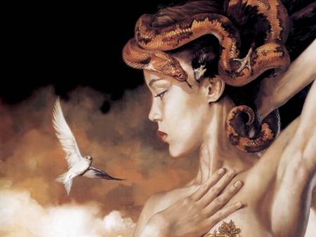 SNAKE WOMAN - bird, fantasy, snake, woman