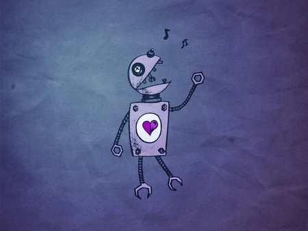 robot - music, fantasy, heart, purple, robot