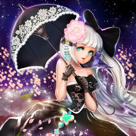 Lolita - flower, silve hair, black, cute, beautiful, blossom, hot, anime girl, girl, umbrella, fantasy, magic, floral, lolita, pretty, beauty, gothic, sweet, anime, hd, cg, long hair, petals, loli, nice, lovely, sexy, female