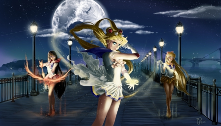 Moon Warrior - sailor venus, female, sailor mars, usagi, darkness, anime girl, makoto, tsukino, dark, anime, scene, moon, girl, magical girl, long hair, night, sailor moon, rei hino, rei, sailormoon, serena