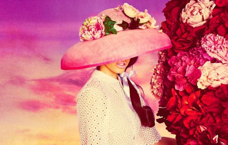 Lady and Pink Hat - hat, elegant, beautiful, photography, girl, beauty, lana del rey, pink, sweet, flowers, fantasy, lady, digital, woman, art, wallpaper