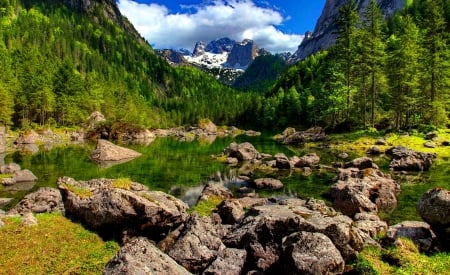 Mountainscape - calm, summer, reflection, mountain, cliffs, lake, emerald, sky, greenery, mountainscape, trees, slope, stones, tranquility, green, serenity, rocks