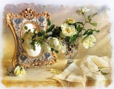 Vintage - abstract, roses, frame, photography, table, petals, still life, flowers, mirror, vintage, ivory, soft