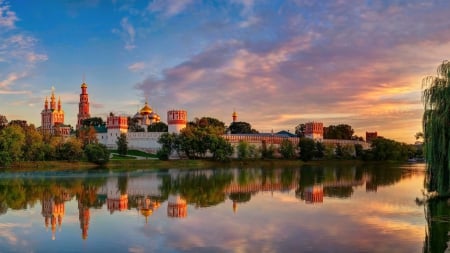 beautiful novodevichy convent in moscow hdr - church, reflection, river, hdr, sunset, convents