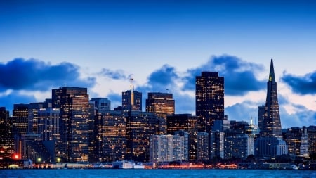 san francisco evening - lights, evening, skyscrapers, city, bay