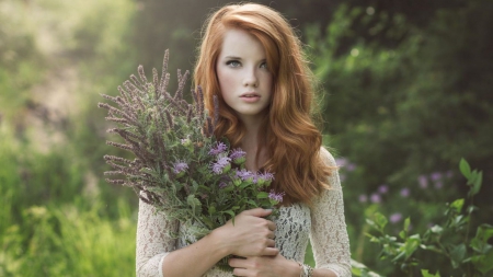 Girl - Girl, flowers, Youmg, Redhead