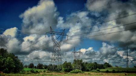 towers in lovely nature setting hdr - clouds, electric, fields, towers, hdr, sky