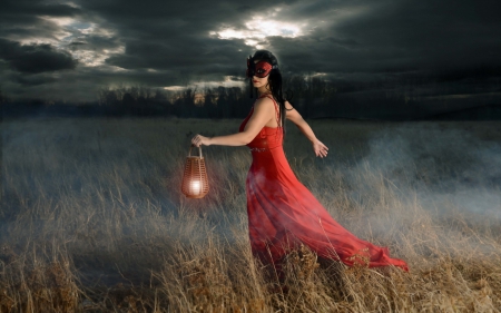 ♥ - dress, girl, night, light, creative, lantern, fantasy, mask, red, mist, woman, situation, field