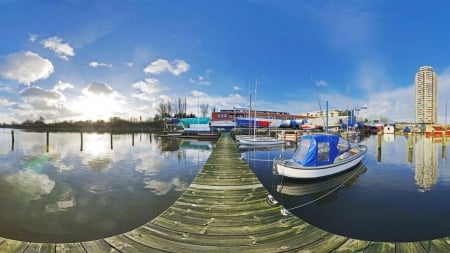 fisheye view of a lovely boat dock - fisheye, boats, dock, harbor, city