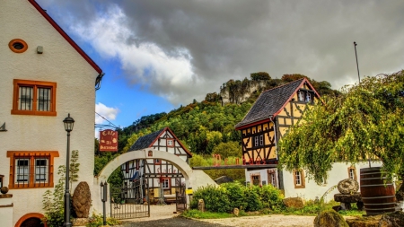 lovely countryside cafe in gerolstein germany hdr - hill, countryside, gate, hdr, cafe, yard, houses