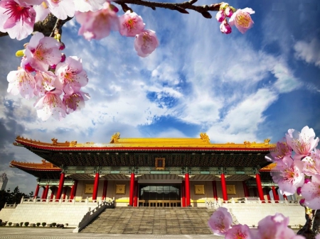 Japanese Springtime - blossoms, clouds, temple, trees, park, stairs