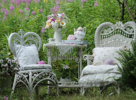 garden tea for two - table, tea time, still life, garden