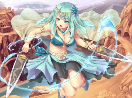 Magic Water - woman, beauty, rude, female, magic, hair, water, mountains, art, pretty, anime, golden, cute, skirt, girl, long hair, lovely, blue, beautiful, top, weapons