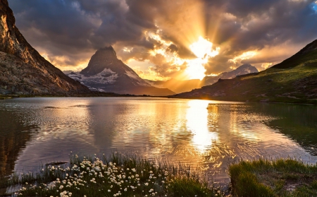 Mount Matterhorn At Sunset - lake, sky, sunset, mountains, calm, snow, beautiful, clouds, alps, flowers, grass