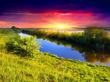 River sunrise - sky, sun, water, colorful, sunset, meadow, shine, amazing, reflection, river, grass, morning, rays, landscape, glow, beautiful, colors, sunrise