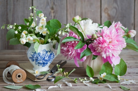 Still Life - nature, peonies, petals, wooden, peony, splendor, flowers, still life