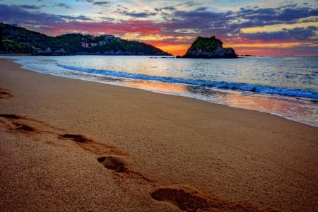 â™¥Sea Sunsetâ™¥ - beach, footsteps, sunset, sand, sea