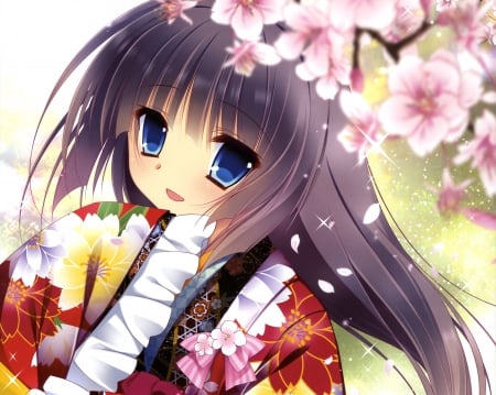 Kimono Chan - pretty, anime, kawaii, female, blossom, long hair, hd, nice, blue eyes, anime girl, sakura, cherry blossom, beautiful, girl, beauty, kimono, lovely, sakura blossom, brown hair, sweet, flower, petals, yukata, cute, adorable, floral