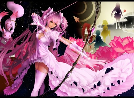 Kaname Madoka - pretty, twin tail, female, pink, arrow and bow, weapon, nice, gown, hot, beauty, mahou shoujo, sexy, bow, anime, twintail, dress, long hair, madoka kaname, pink hair, ls, twin tails, kaname, anime girl, archer, twintails, beautiful, girl, lovely, sweet, arrow, madoka, l, kaname madoka, magical girl