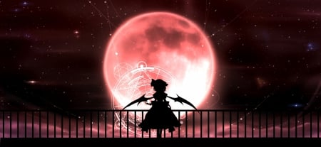 Orange Night - anime, female, wing, scene, night, gloomy, emotional, dark, gloom, touhou, horror, creepy, moon, anime girl, creep, girl, darkness, vampire, sinister, remilia scarlet, eerie