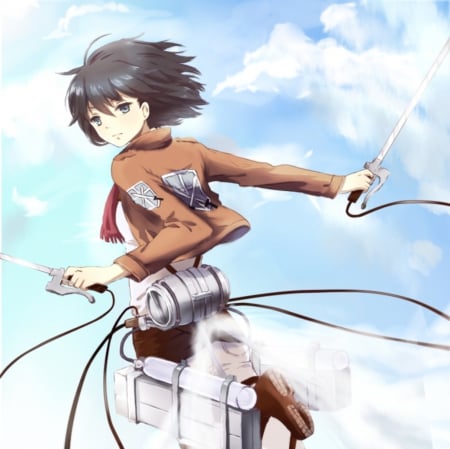 Mikasa Ackerman - nice, beauty, sky, female, pant, anime girl, shingeki no kyojin, armor, brown hair, pretty, sinister, anime, sword, short hair, scene, girl, warrior, mikasa, lovely, attack on titan, jacket, beautiful, weapon, sweet, float