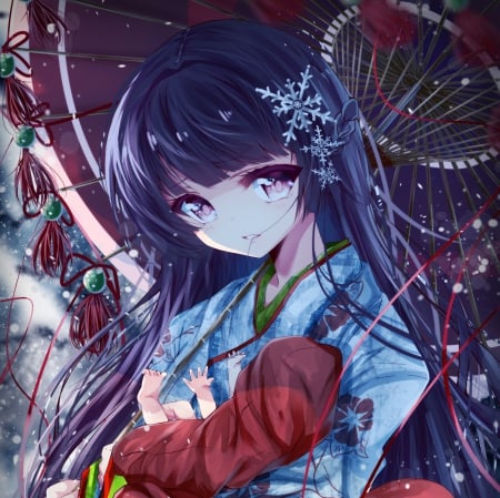 Yuki Hime - pretty, anime, female, snow, long hair, japan, oriental, umbrella, nice, anime girl, winter, beautiful, girl, beauty, kimono, lovely, sweet, baby, yukata, japanese