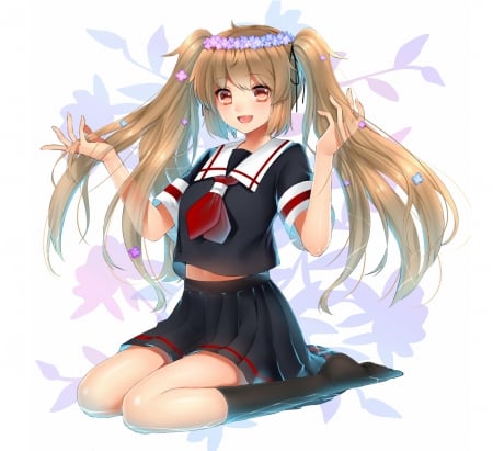 Long Hair - nice, female, twintail, simple, miniskirt, anime girl, brown hair, white, pretty, petals, anime, twin tail, skirt, girl, twintails, long hair, dorable, lovely, school uniform, hd, kawaii, floral, twin tails, plain, blossom, sweet, uniform, smile, happy, flower