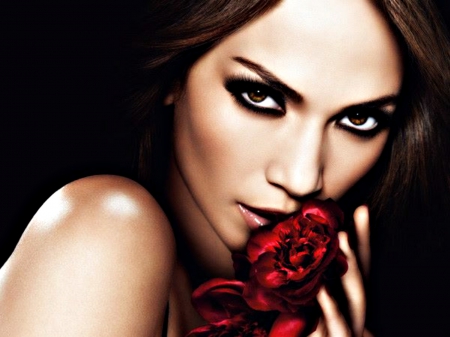 Jennifer Lopez - singer, girl, flower, actress, Jennifer Lopez, music, black, red, woman, rose, face