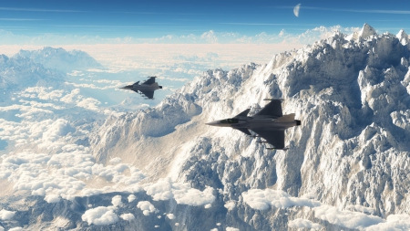 typhoon fighter jets over a majestic mountain range