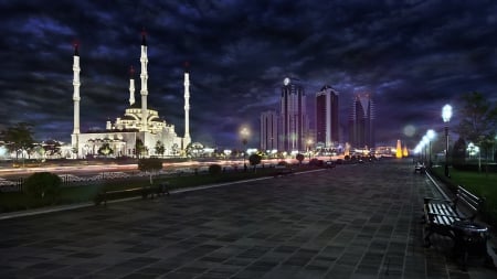 majestic mosque in grozny chechnya at night - sidewalk, night, bench, boulevard, mosque, lights