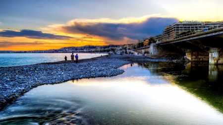 a walk on a beach in a seaside town at sunset hdr - sunset, people, town, beach, hdr, sea, hotel, stones