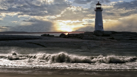 lighthouse on a rocky point at sunset - lighthouse, point, rocks, sunset, sea, waves