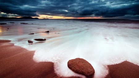 dark clouds over a red beach - red, foam, clouds, beach, dark, sea, waves