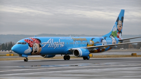 mickey's blue plane - plane, paint, passenger, cartoon, blue, runway